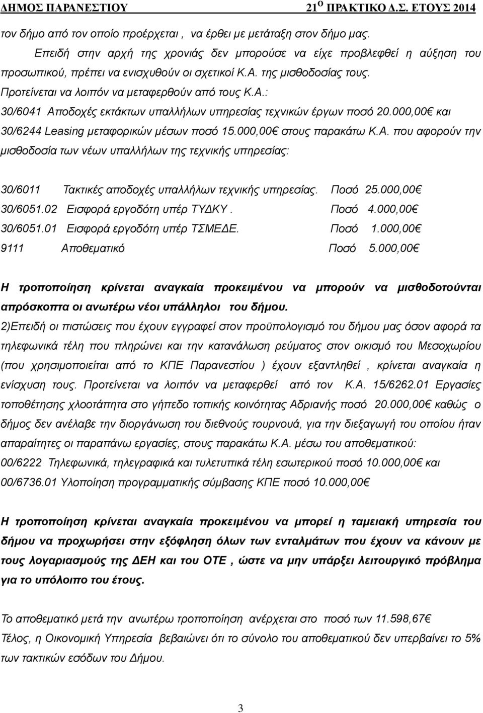 000,00 στους παρακάτω Κ.Α. που αφορούν την μισθοδοσία των νέων υπαλλήλων της τεχνικής υπηρεσίας: 30/6011 Τακτικές αποδοχές υπαλλήλων τεχνικής υπηρεσίας. Ποσό 25.000,00 30/6051.