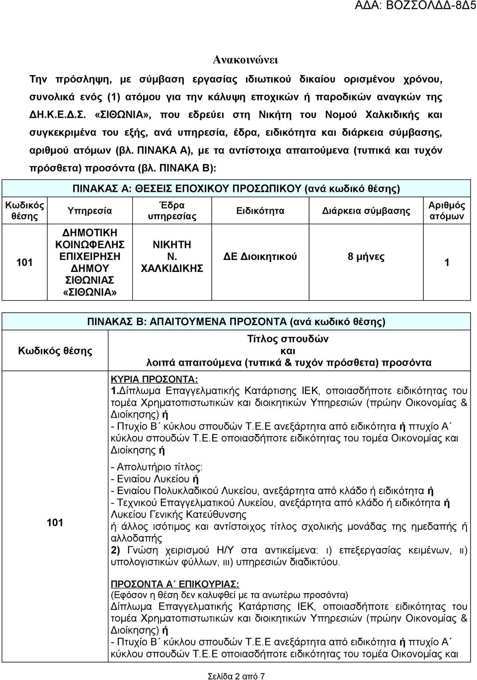 ΠΙΝΑΚΑ Α), με τα αντίστοιχα απαιτούμενα (τυπικά και τυχόν πρόσθετα) προσόντα (βλ.