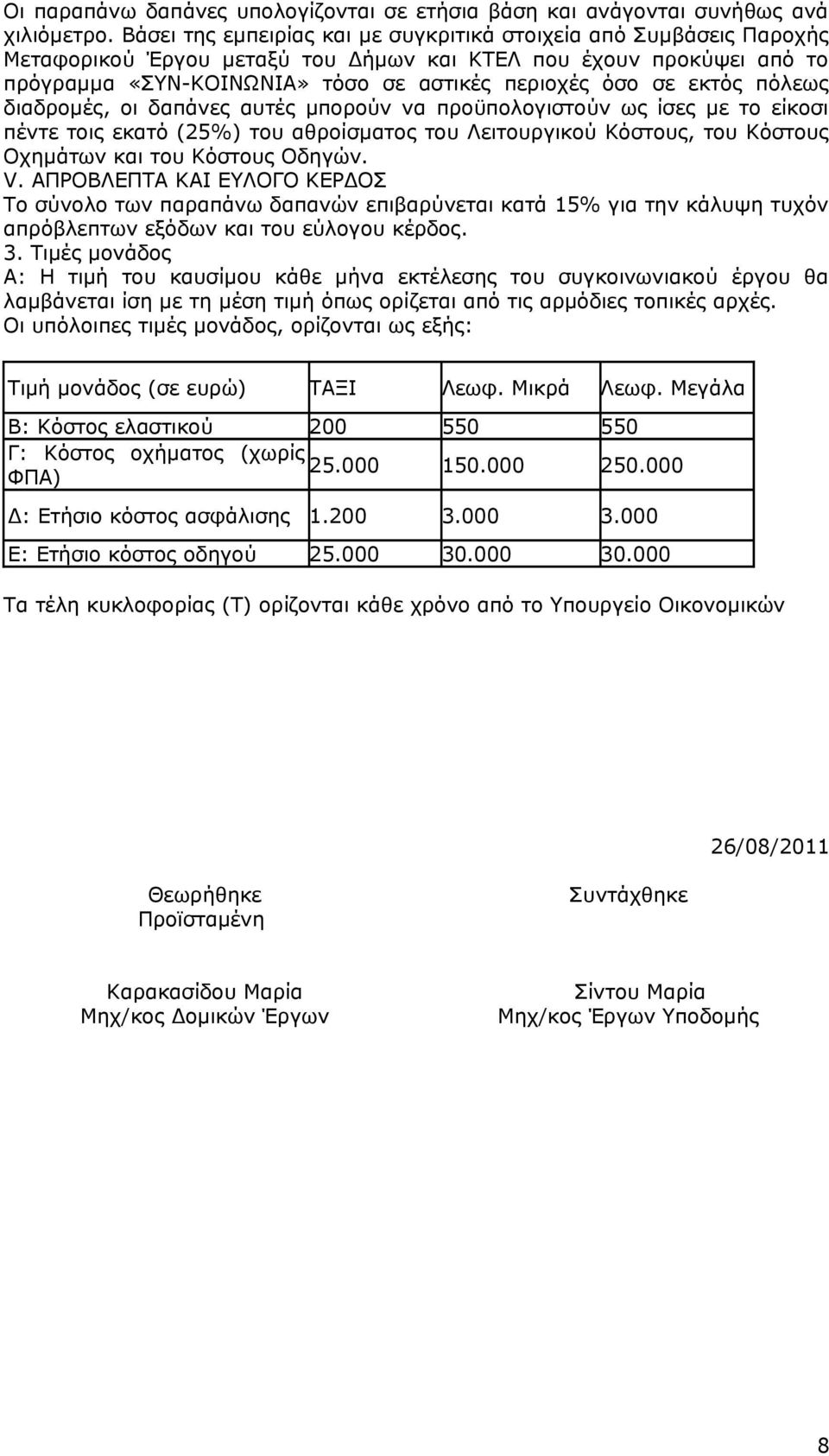 εκτός πόλεως διαδρομές, οι δαπάνες αυτές μπορούν να προϋπολογιστούν ως ίσες με το είκοσι πέντε τοις εκατό (25%) του αθροίσματος του Λειτουργικού Κόστους, του Κόστους Οχημάτων και του Κόστους Οδηγών.