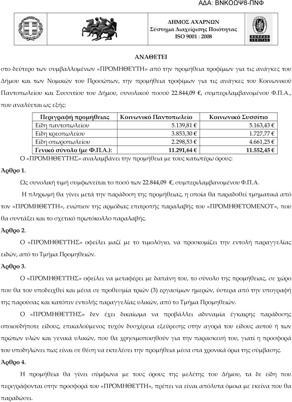 Περιγραφή προμήθειας Κοινωνικό Παντοπωλείο Κοινωνικό Συσσίτιο Είδη παντοπωλείου 5.139,81 5.163,43 Είδη κρεοπωλείου 3.853,30 1.727,77 Είδη οπωροπωλείου 2.298,53 4.661,25 Γενικό σύνολο (με Φ.Π.Α.): 11.