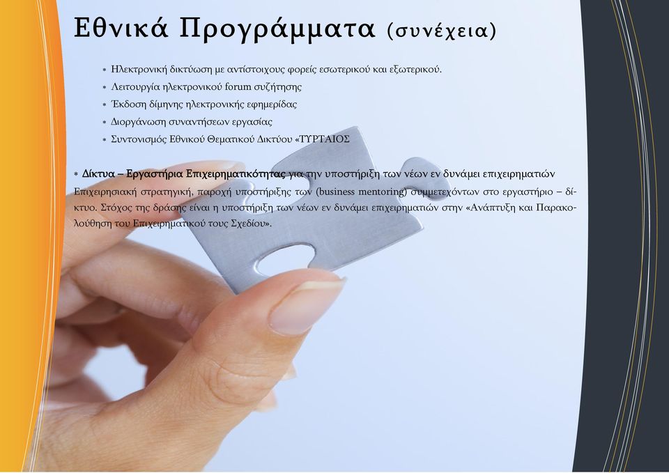 «ΤΥΡΤΑΙΟΣ Δίκτυα Εργαστήρια Επιχειρηματικότητας για την υποστήριξη των νέων εν δυνάμει επιχειρηματιών Επιχειρησιακή στρατηγική, παροχή υποστήριξης