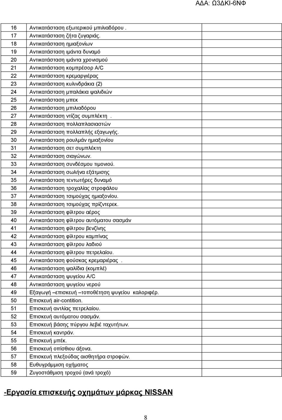 Αντικατάσταση μπαλάκια ψαλιδιών 25 Αντικατάσταση μπεκ 26 Αντικατάσταση μπιλιαδόρου 27 Αντικατάσταση ντίζας συμπλέκτη. 28 Αντικατάσταση πολλαπλασιαστών 29 Αντικατάσταση πολλαπλής εξαγωγής.