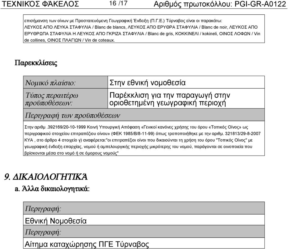 coteaux. Παρεκκλίσεις Νομικό πλαίσιο: Τύπος περαιτέρω προϋποθέσεων: Περιγραφή των προϋποθέσεων Στην εθνική νομοθεσία Παρέκκλιση για την παραγωγή στην οριοθετημένη γεωγραφική περιοχή Στην αριθμ.