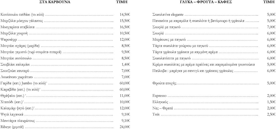 Θράψαλο (κατ.) * Χταπόδι (κατ.) *... Καλαµάρι ψητό (κατ.) * Ψητά λαχανικά.. Μανιτάρια πλευρώτους... Ribeye (ριµπάϊ).. 1 15,50 1 10,50 1 8,50 8,50 1,40 1 9,10 9,10 2 Σοκολατίνα elegante.