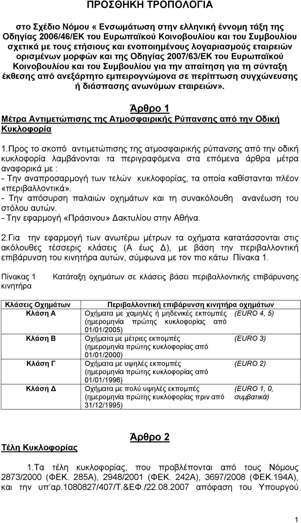 συγχώνευσης ή διάσπασης ανωνύμων εταιρειών». Άρθρο 1 Μέτρα Αντιμετώπισης της Ατμοσφαιρικής Ρύπανσης από την Οδική Κυκλοφορία 1.