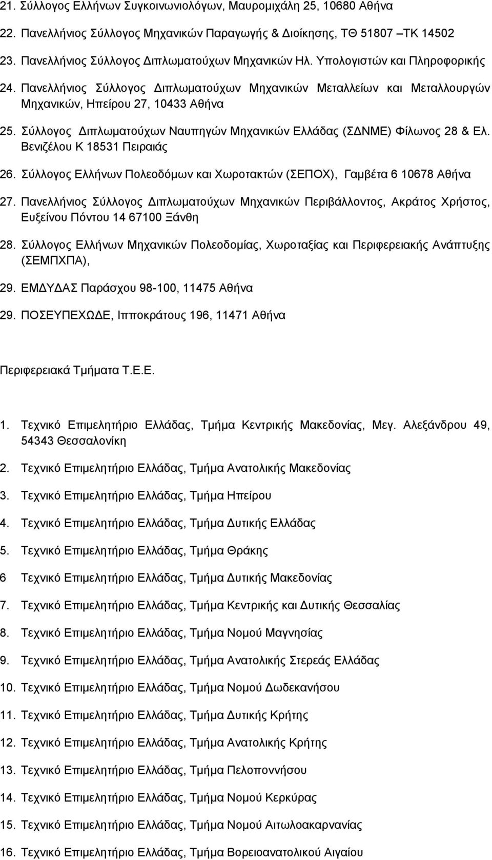 Σύλλογος Διπλωματούχων Ναυπηγών Μηχανικών Ελλάδας (ΣΔΝΜΕ) Φίλωνος 28 & Ελ. Βενιζέλου Κ 18531 Πειραιάς 26. Σύλλογος Ελλήνων Πολεοδόμων και Χωροτακτών (ΣΕΠΟΧ), Γαμβέτα 6 10678 Αθήνα 27.