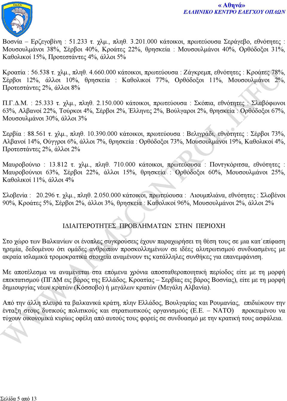 , πληθ. 4.660.000 κάτοικοι, πρωτεύουσα : Ζάγκρεμπ, εθνότητες : Κροάτες 78%, Σέρβοι 12%, άλλοι 10%, θρησκεία : Καθολικοί 77%, Ορθόδοξοι 11%, Μουσουλμάνοι 2%, Προτεστάντες 2%, άλλοι 8% Π.Γ.Δ.Μ. : 25.