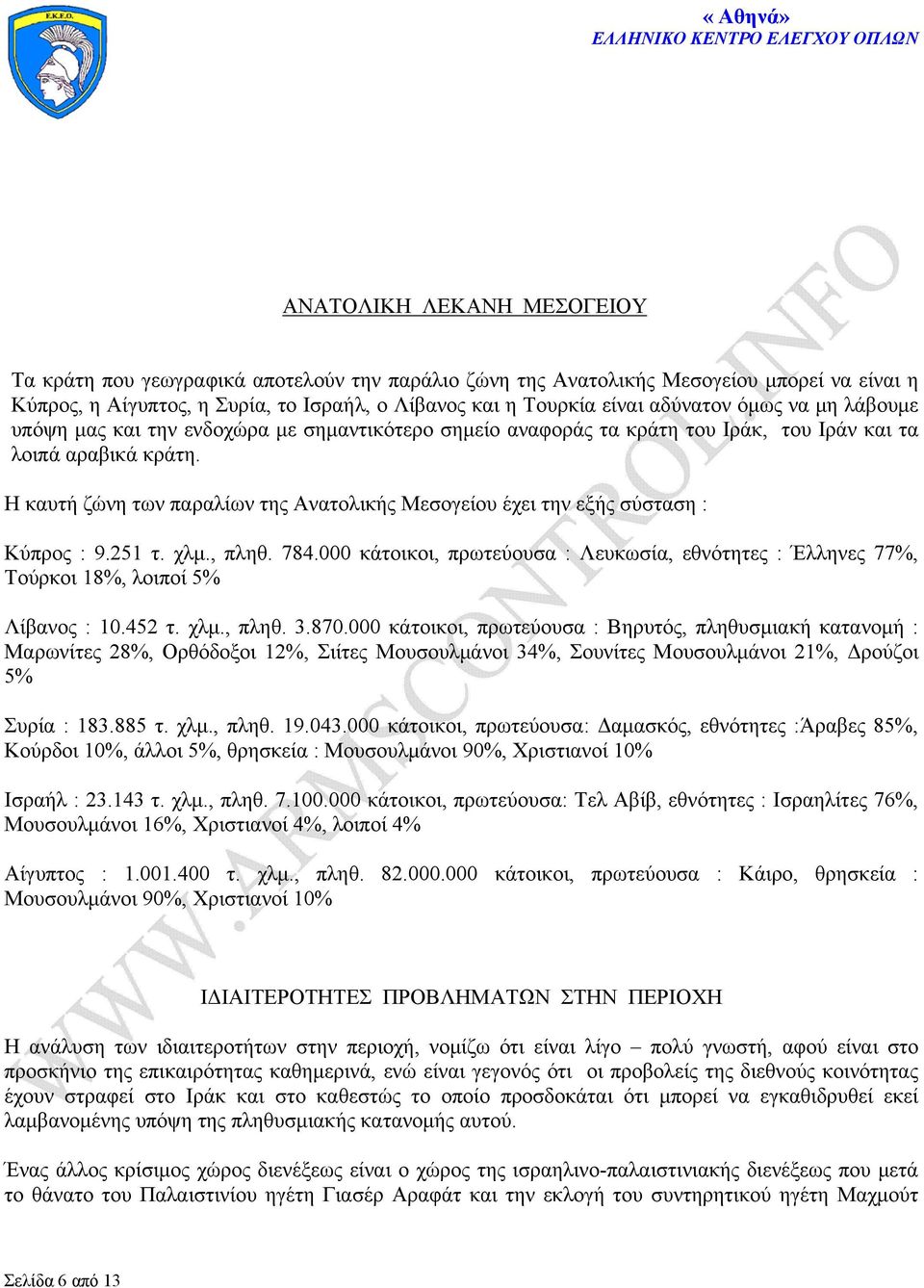 Η καυτή ζώνη των παραλίων της Ανατολικής Μεσογείου έχει την εξής σύσταση : Κύπρος : 9.251 τ. χλμ., πληθ. 784.