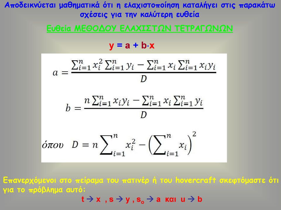 ΤΕΤΡΑΓΩΝΩΝ y = a + b x όπου Επανερχόμενοι στο πείραμα του πατινέρ ή
