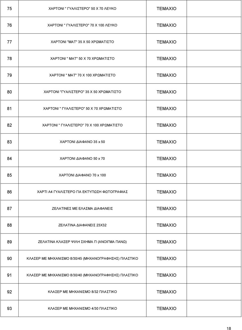 ΓΗΑΦΑΝΟ 50 x 70 85 ΥΑΡΣΟΝΗ ΓΗΑΦΑΝΟ 70 x 100 86 ΥΑΡΣΗ Α4 ΓΤΑΛΗΣΔΡΟ ΓΗΑ ΔΚΣΤΠΧΖ ΦΧΣΟΓΡΑΦΗΑ 87 ΕΔΛΑΣΗΝΔ ME ΔΛΑΜΑ ΓΗΑΦΑΝΔΗ 88 ΕΔΛΑΣΗΝΑ ΓΗΑΦΑΝΔΗ 23X32 89 ΕΔΛΑΣΗΝΑ ΚΛΑΔΡ ΦΗΛΖ ΥΖΜΑ Π
