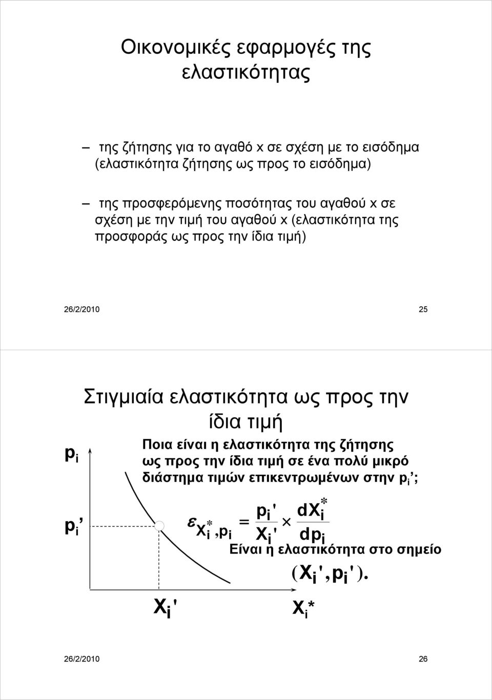 26/2/2010 25 p p Στιγμιαία ελαστικότητα ως προς την ίδια τιμή Ποια είναι η ελαστικότητα της ζήτησης ως προς την ίδια τιμή σε ένα