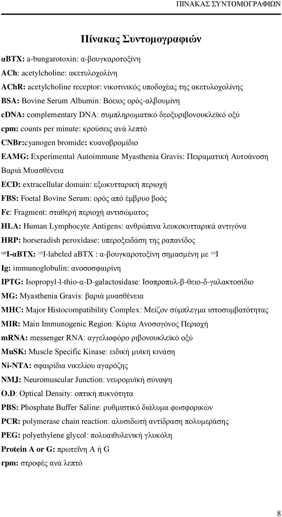 Experimental Autoimmune Myasthenia Gravis: Πειραματική Αυτοάνοση Βαριά Μυασθένεια ECD: extracellular domain: εξωκυτταρική περιοχή FBS: Foetal Bovine Serum: ορός από έμβρυο βοός Fc: Fragment: σταθερή