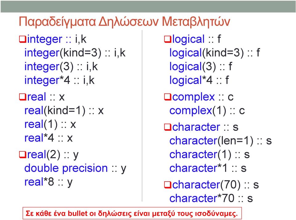 logical(kind=3) :: f logical(3) :: f logical*4 :: f complex :: c complex(1) :: c character :: s character(len=1) :: s