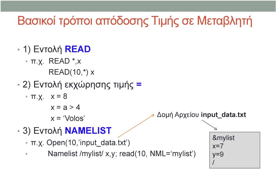 ρησης τιμής = π.χ. x = 8 x = a > 4 x = Volos 3) Εντολή NAMELIST π.χ. Open(10, input_data.