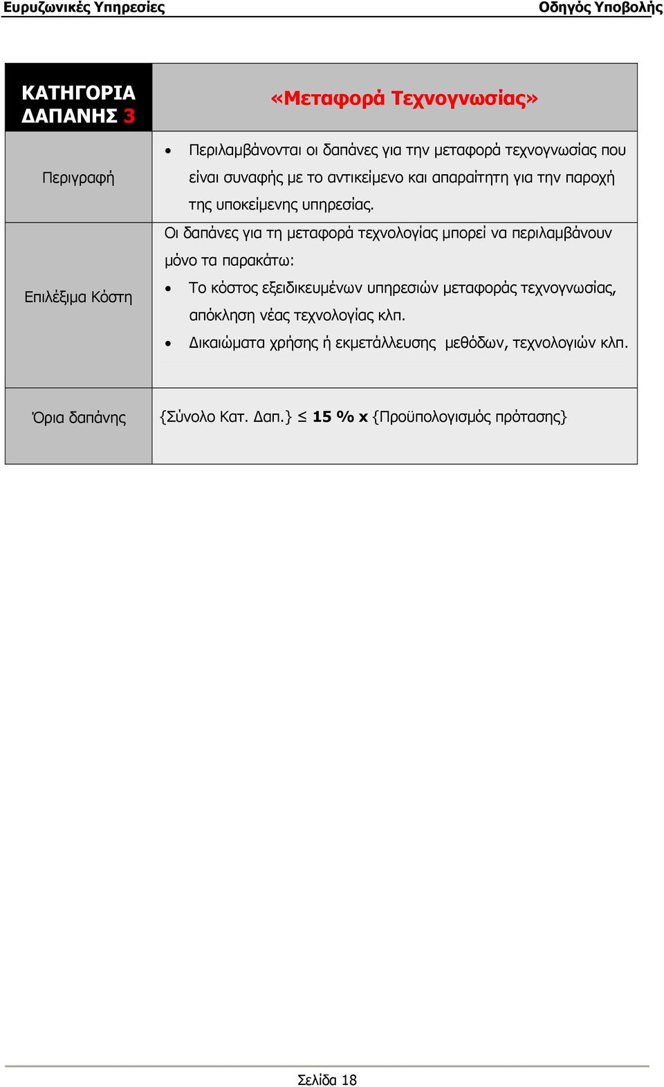 Οι δαπάνες για τη μεταφορά τεχνολογίας μπορεί να περιλαμβάνουν μόνο τα παρακάτω: Το κόστος εξειδικευμένων υπηρεσιών μεταφοράς