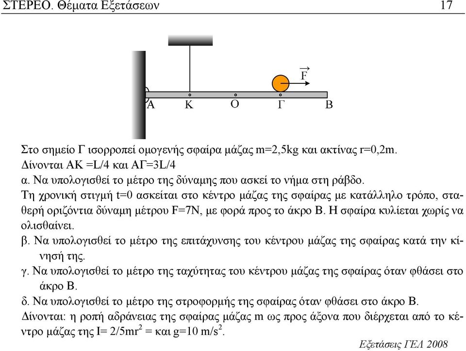 Να υπολογισθεί το µέτρο της επιτάχυνσης του κέντρου µάζας της σφαίρας κατά την κίνησή της. γ. Να υπολογισθεί το µέτρο της ταχύτητας του κέντρου µάζας της σφαίρας όταν φθάσει στο άκρο Β. δ.