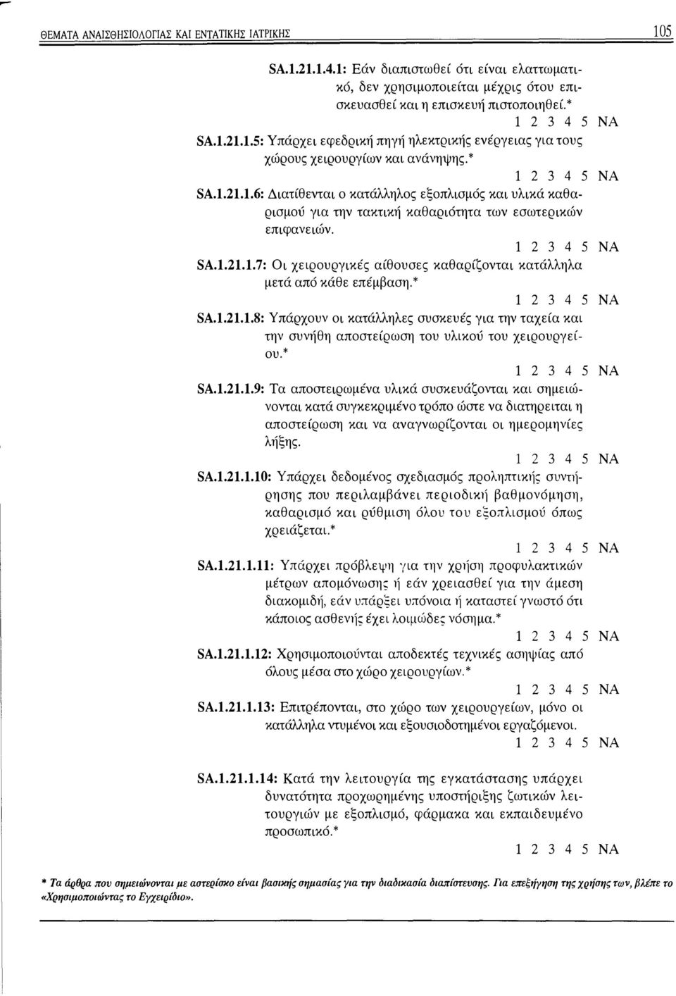 * SA.1.21.1.8: Υπάρχουν οι κατάλληλες συσκευές για την ταχεία και την συνήθη αποστείρωση του υλικού του χειρουργείου.* SA.1.21.1.9: Τα αποστειρωμένα υλικά συσκευάζονται και σημειώνονται κατά συγκεκριμένο τρόπο ώστε να διατηρειται η αποστείρωση και να αναγνωρίζονται οι ημερομηνίες λήξης.