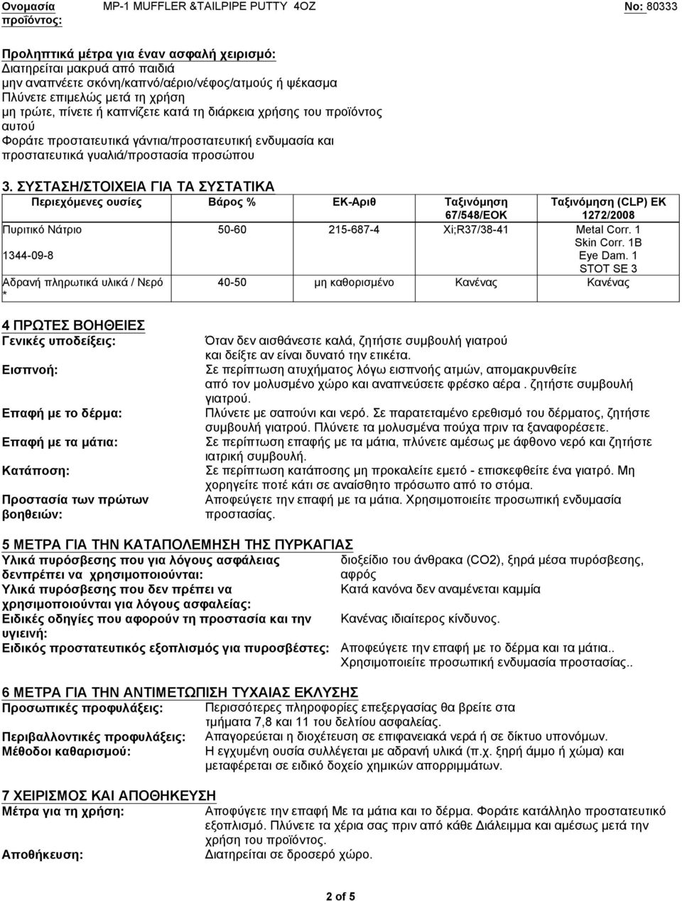 ΣΥΣΤΑΣΗ/ΣΤΟΙΧΕΙΑ ΓΙΑ ΤΑ ΣΥΣΤΑΤΙΚΑ Περιεχόμενες ουσίες Βάρος % EK-Αριθ Ταξινόμηση 67/548/EOK Ταξινόμηση (CLP) EK 1272/2008 50-60 215-687-4 Xi;R37/38-41 Metal Corr. 1 Skin Corr. 1B Eye Dam.