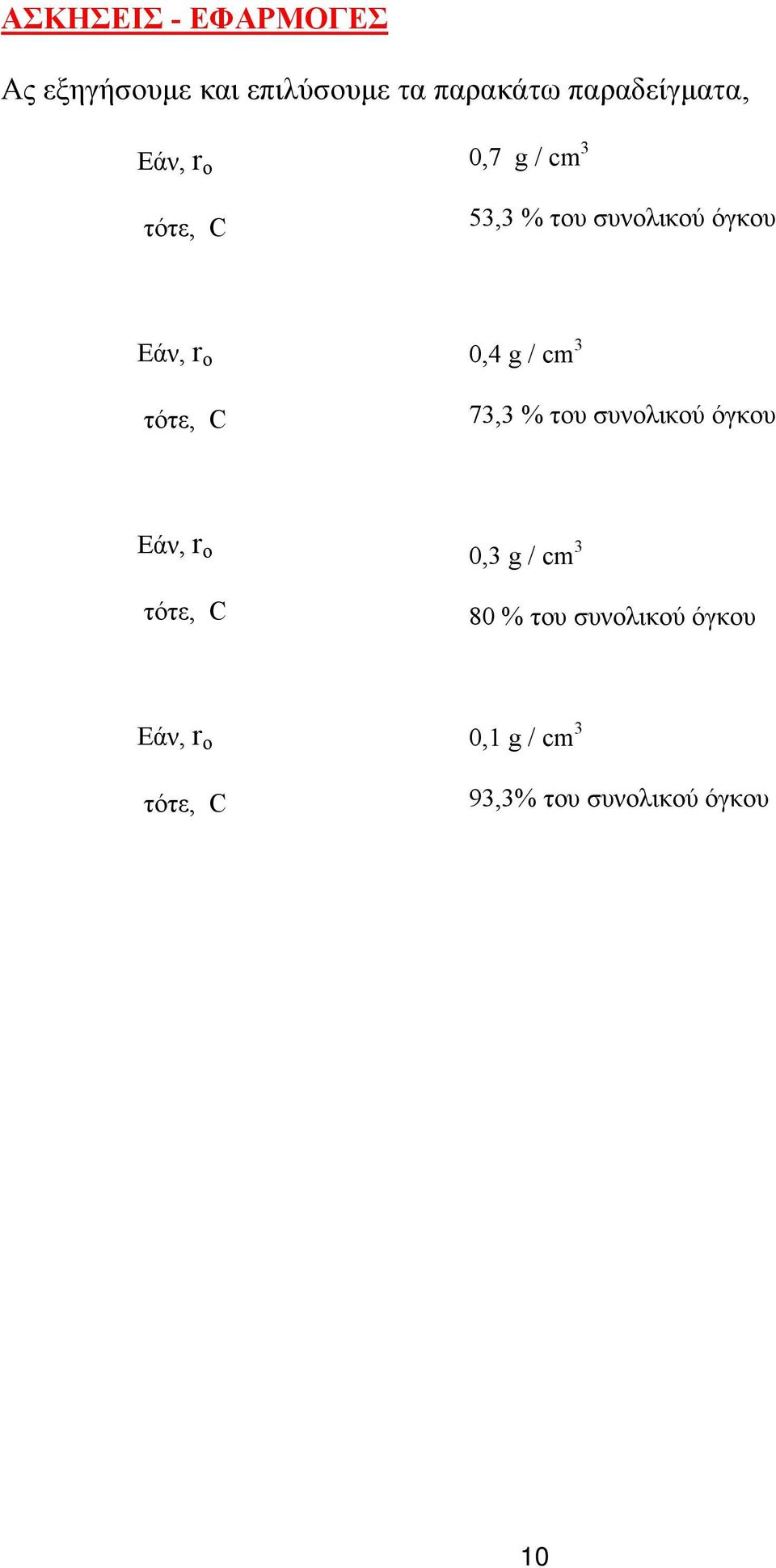 0,4 g / cm 3 73,3 % του συνολικού όγκου Εάν, r o τότε, C 0,3 g / cm 3 80 %