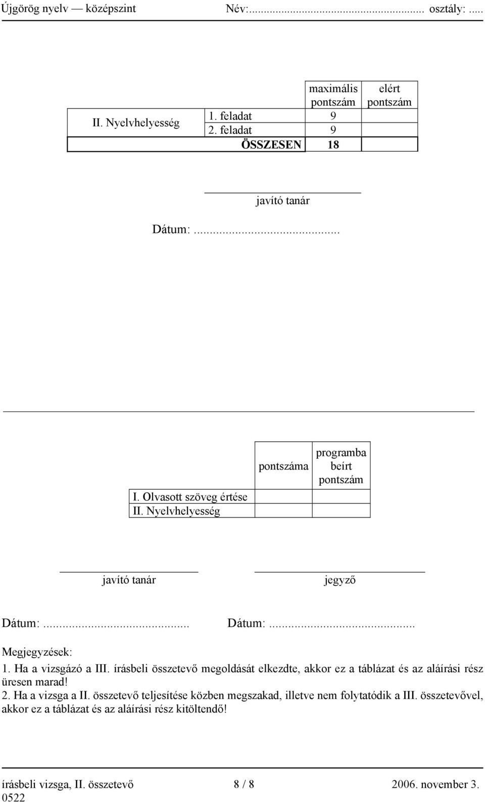 írásbeli összetevő megoldását elkezdte, akkor ez a táblázat és az aláírási rész üresen marad! 2. Ha a vizsga a II.
