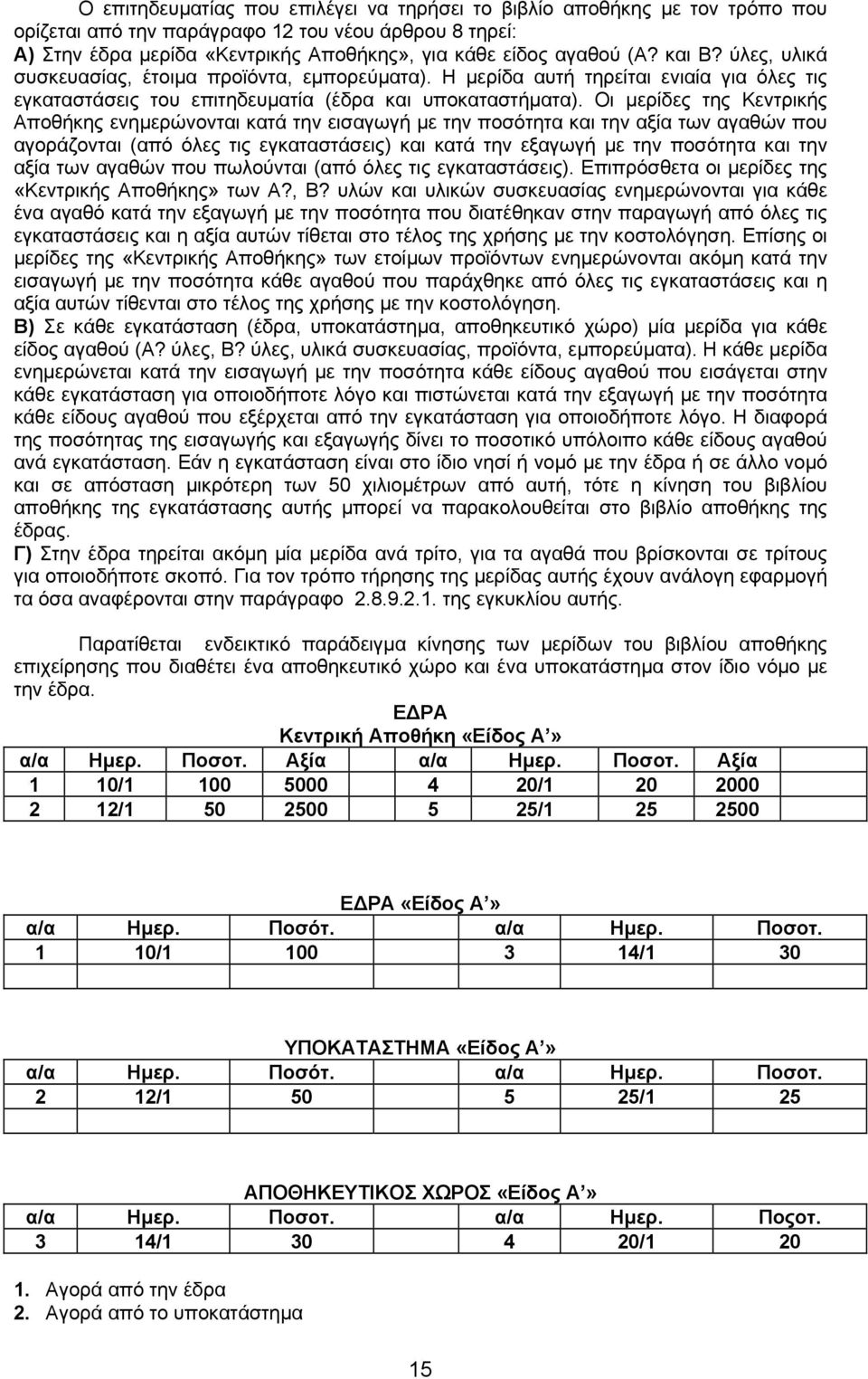 Οι µερίδες της Κεντρικής Αποθήκης ενηµερώνονται κατά την εισαγωγή µε την ποσότητα και την αξία των αγαθών που αγοράζονται (από όλες τις εγκαταστάσεις) και κατά την εξαγωγή µε την ποσότητα και την