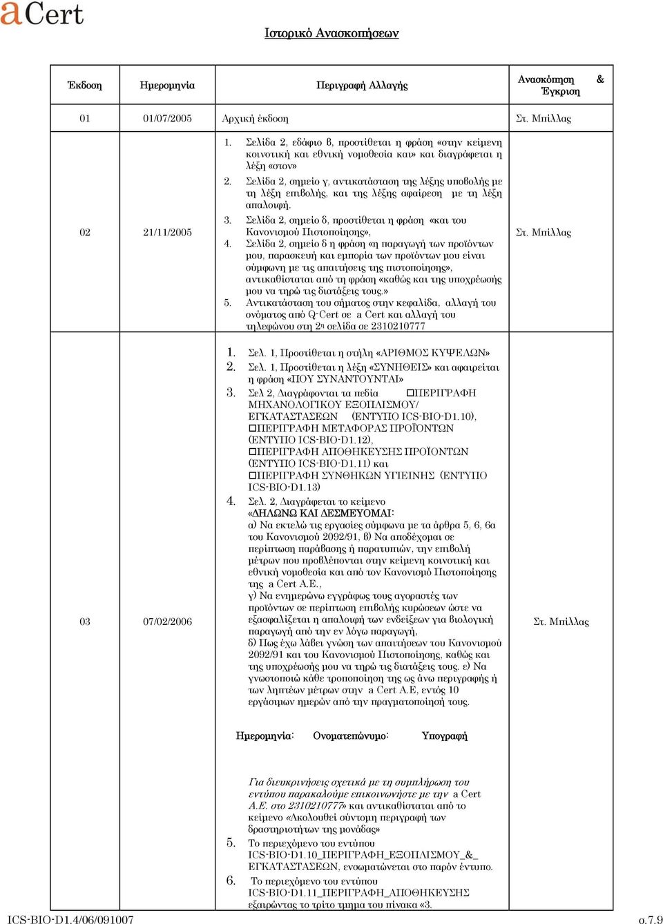 Σελίδα 2, σημείο γ, αντικατάσταση της λέξης υποβολής με τη λέξη επιβολής, και της λέξης αφαίρεση με τη λέξη απαλοιφή. 3. Σελίδα 2, σημείο δ, προστίθεται η φράση «και του Κανονισμού Πιστοποίησης», 4.