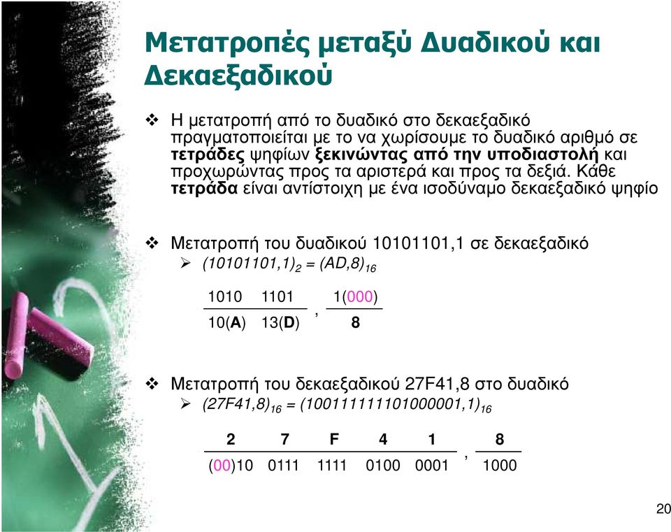 Κάθε τετράδα είναι αντίστοιχη µε ένα ισοδύναµο δεκαεξαδικό ψηφίο Μετατροπή του δυαδικού 10101101,1 σε δεκαεξαδικό (10101101,1) 2 = (AD,8)