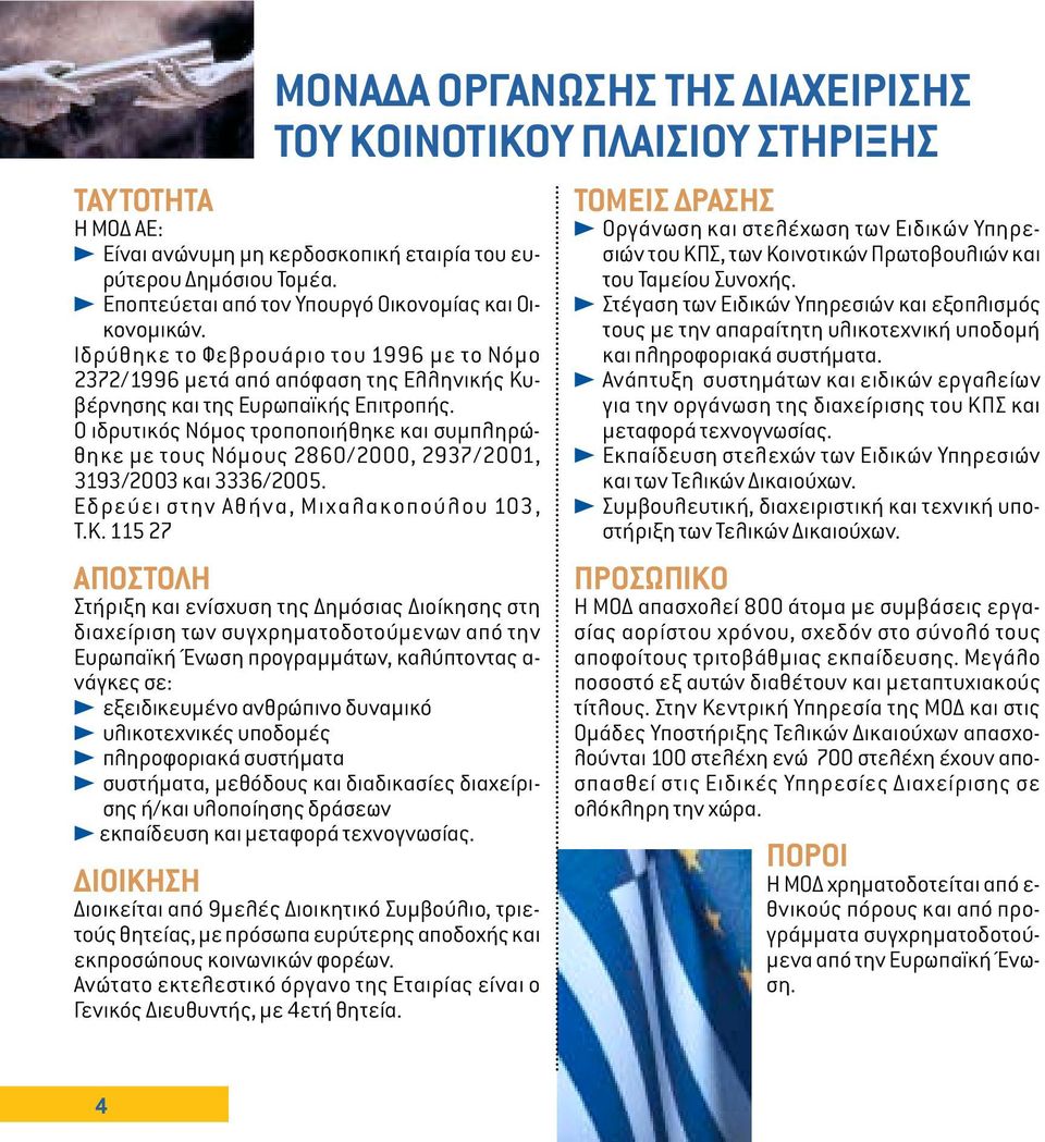 Ο ιδρυτικός Νόµος τροποποιήθηκε και συµπληρώθηκε µε τους Νόµους 2860/2000, 2937/2001, 3193/2003 και 3336/2005. Εδρεύει στην Αθήνα, Μιχαλακοπούλου 103, Τ.Κ.