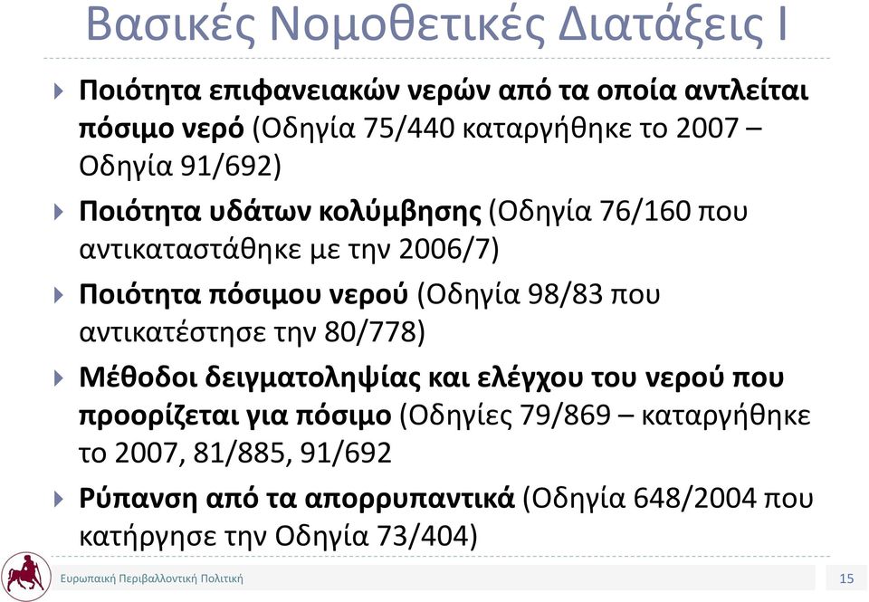(Οδηγία 98/83 που αντικατέστησε την 80/778) Μέθοδοι δειγματοληψίας και ελέγχου του νερού που προορίζεται για πόσιμο