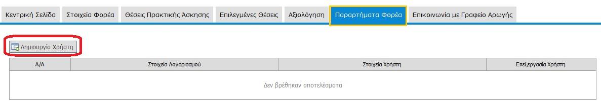 25.6.1 Δημιουργία παραρτήματος Χρησιμοποιώντας την καρτέλα «Παραρτήματα Φορέα», ο χρήστης μπορεί να επιλέξει τη «Δημιουργία Χρήστη» και να συμπληρώσει