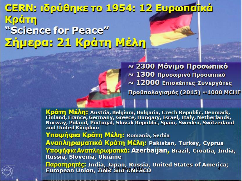 CERN: ιδρύθηκε το 1954: 12 Ευρωπαϊκά Κράτη Science for Peace Σήμερα: 21 Κράτη Μέλη ~ 2300 Μόνιμο Προσωπικό ~ 1300 Προσωρινό Προσωπικό ~ 12000 Επισκέπτες-Συνεργάτες Προϋπολογισμός (2015) ~1000 MCHF