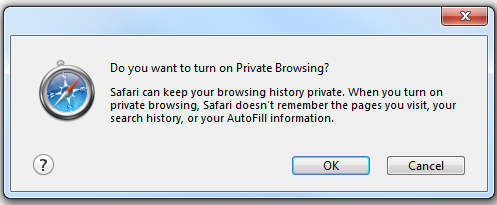 Safari 1. Από το μενού ρυθμίσεων του Safari επιλέγουμε Private Browsing. 2. Στο αναδυόμενο παράθυρο επιλέγουμε OK. 3.