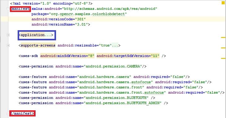 Εικόνα 8.13 anroidmanifest.xml Ανοίγοντας αυτό το αρχείο σε μια εφαρμογή, όπως η δικιά μας, θα δούμε πάρα πολλά elements( εικόνα 8.14). Τώρα, θα προσπαθήσουμε να τα διαλευκάνουμε.