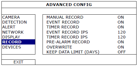 1) MANUAL RECORD (Χειροκίνητη ενεργοποίηση εγγραφής) Μπορείτε να ενεργοποιήσετε ή απενεργοποιήσετε την δυνατότητα χειροκίνητης εγγραφής (ΟΝ/OFF).