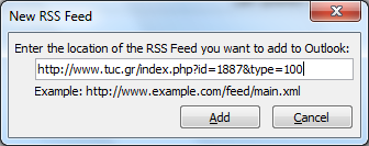 Εγγραφή σε τροφοδοσία RSS μέσω MS Outlook Αρχείο. Ρυθμίσεις λογαριασμού Τροφοδοσίες RSS Δημιουργία.
