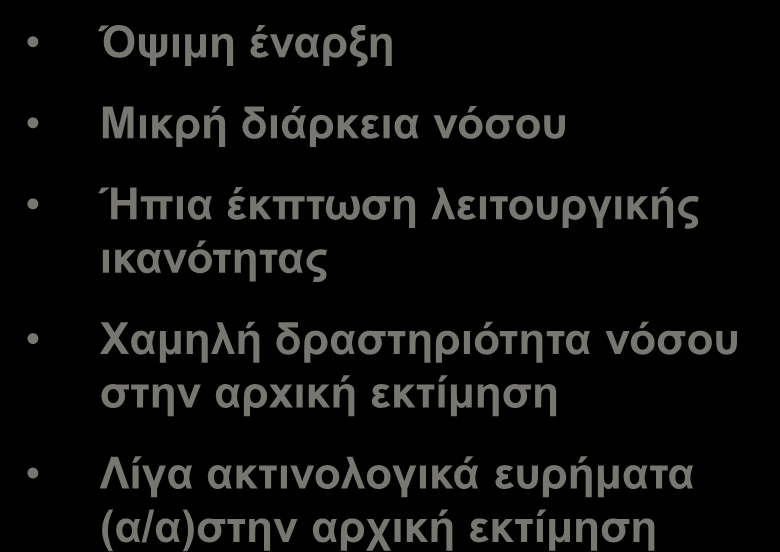 Άρρεν φύλο, νεαρή ηλικία, μη καπνιστής Όψιμη έναρξη Μικρή διάρκεια νόσου Ήπια έκπτωση λειτουργικής ικανότητας Χαμηλή δραστηριότητα νόσου στην αρxική εκτίμηση Λίγα ακτινολογικά ευρήματα