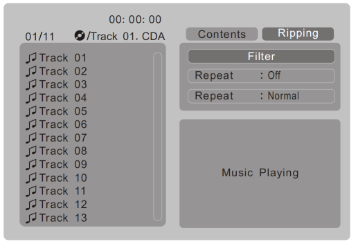 PROG Προγραμματισμός DIVX/ MP3/ CD/ JPEG CD RIPPING: Κατά τη διάρκεια αναπαραγωγής κάποιου CD, θα εμφανιστεί αυτόματα το παραπάνω μενού CD RIPPING.