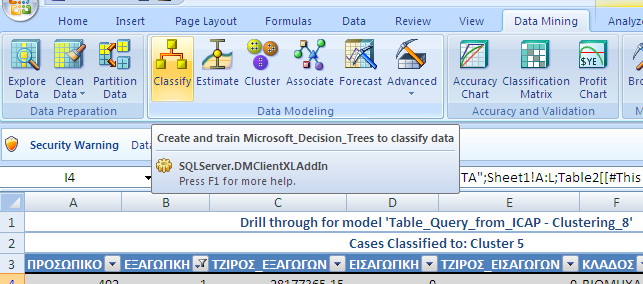 7.3 ΔΕΝΔΡΑ ΑΠΟΦΑΣΕΩΝ (CLASSIFY) Θα επιβεβαιώσουμε τα ευρήματα της προηγούμενης παραγράφου με τη δημιουργία ενός δένδρου αποφάσεων. Στο φύλλο εργασίας Drill Through επιλέγουμε Data Mining Classify.