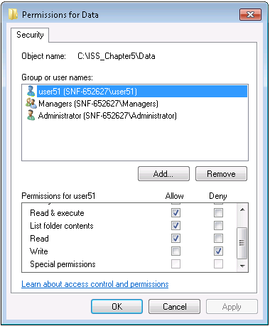 User Permissions Administrator Read, Write user51 Read and Execute, List folder contents, Read user52 Πίνακας 5.