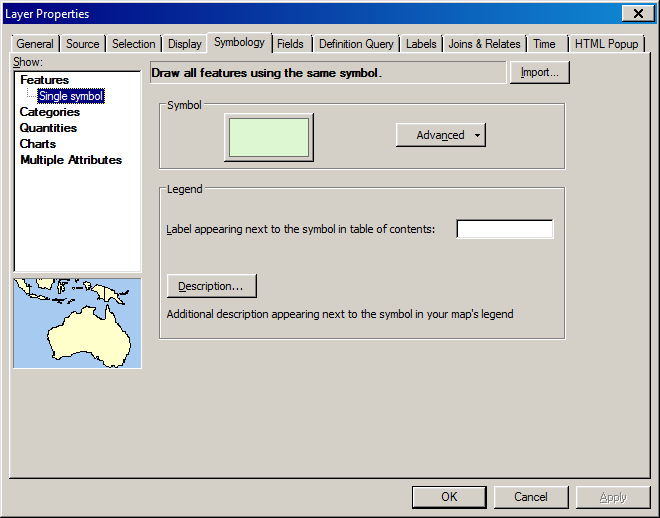Ορισμός τρόπου απεικόνισης Single Symbol: Απεικόνιση όλων των γεωγραφικών αντικειμένων με ένα μοναδικό σύμβολο.