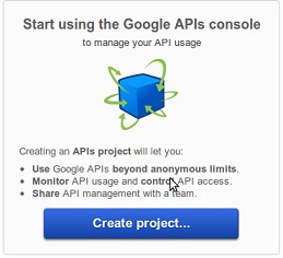 Βήμα 1 ο Ενεργοποίηση του GCM από της πλατφόρμα PAAS της GOOGLE και λήψη κωδικού αποστολής(senderid) και κωδικού API(API key). 1. Ανοίγουμε την σελίδα https://console.