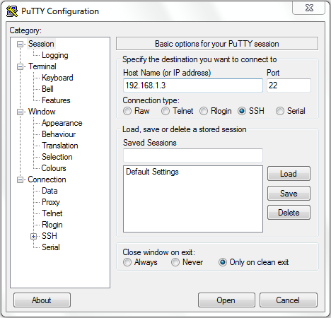 Η δυνατότητα απομακρυσμένης σύνδεσης επιτυγχάνεται χρησιμοποιώντας το λογισμικό ανοιχτού κώδικα PuTTY, το οποίο είναι ένα SSH και telnet client, όπως παρουσιάζεται στην Εικόνα 10 