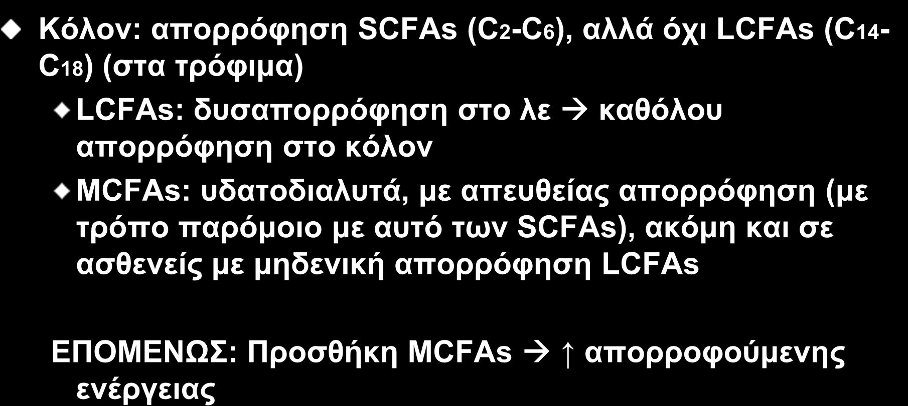 IO 49 Λίπος Κόλον: απορρόφηση SCFAs (C2-C6), αλλά όχι LCFAs (C14- C18) (στα τρόφιμα) LCFAs: δυσαπορρόφηση στο λε καθόλου απορρόφηση στο κόλον MCFAs: υδατοδιαλυτά,