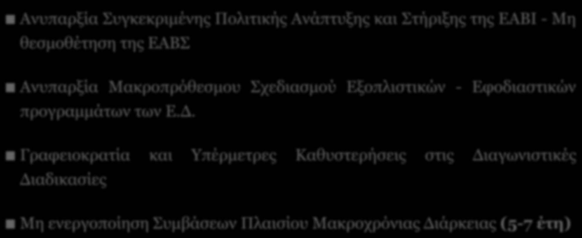 8 ΕΑΒΙ Τα Κύρια Προβλήματα (1) Ανυπαρξία Συγκεκριμένης Πολιτικής Ανάπτυξης και Στήριξης της ΕΑΒΙ - Μη θεσμοθέτηση της ΕΑΒΣ Ανυπαρξία Μακροπρόθεσμου Σχεδιασμού Εξοπλιστικών - Εφοδιαστικών προγραμμάτων