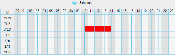 Βήμα 06: Alarm Schedule (Χρονοδιάγραμμα συναγερμού) 1) Συναγερμός όταν εντοπίζεται κίνηση Πιέστε το μαύρο πλήκτρο στην ένδειξη MON. Θα γίνει κόκκινο όλο το χρονοδιάγραμμα.