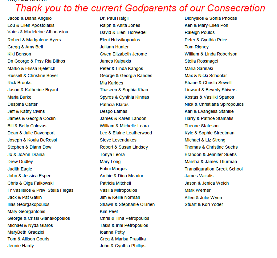 Denis & Eleni Ackerman Jacob & Diana Angelo Lou & Ellen Apostolakis Vaios & Madeleine Athanasiou Robert & Madgalene Ayers Gregg & Amy Bell Jennie Hardy Christopher & Vicki Harris Paul Hatgil Octavian