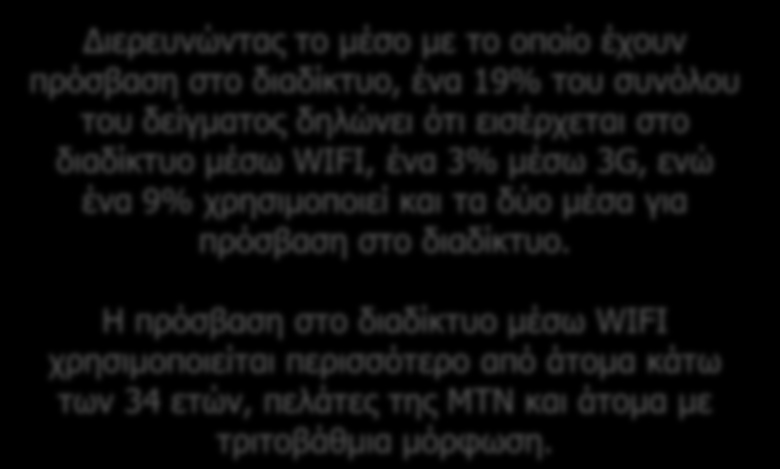 Υπηρεσίες κινητής τηλεφωνίας Χρήση υπηρεσιών Πρόσβαση στο διαδίκτυο Όλο το δείγμα Διερευνώντας το μέσο με το οποίο έχουν πρόσβαση στο διαδίκτυο, ένα 19% του συνόλου του δείγματος δηλώνει ότι