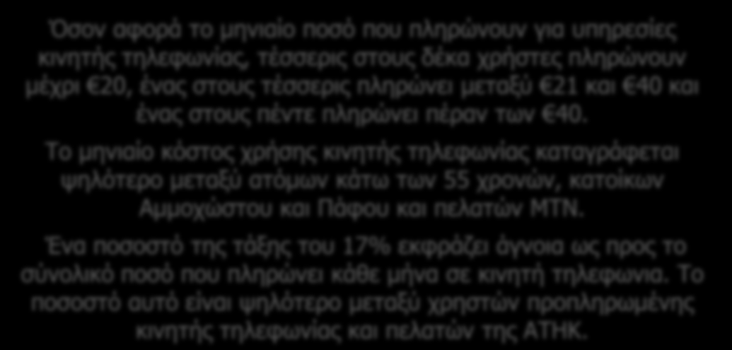 Συνολικό μηνιαίο ποσό κινητού Όσον αφορά το μηνιαίο ποσό που πληρώνουν για υπηρεσίες κινητής τηλεφωνίας, τέσσερις στους δέκα χρήστες πληρώνουν μέχρι 20, ένας στους τέσσερις πληρώνει μεταξύ 21 και 40