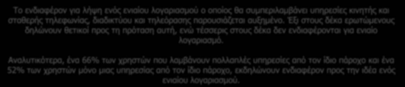 Ενδιαφέρον για ενιαίο λογαριασμό Το ενδιαφέρον για λήψη ενός ενιαίου λογαριασμού ο οποίος θα συμπεριλαμβάνει υπηρεσίες κινητής και σταθερής τηλεφωνίας, διαδικτύου και τηλεόρασης παρουσιάζεται