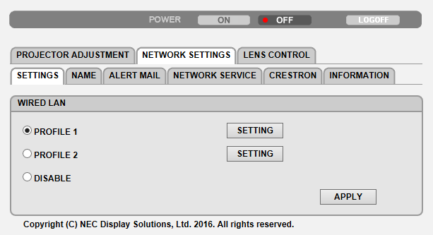 3. Πρακτικές Λειτουργίες NETWORK SETTINGS SETTINGS WIRED SETTING APPLY PROFILE 1/PROFILE 2 DISABLE DHCP ON DHCP OFF IP ADDRESS SUBNET MASK GATEWAY AUTO DNS ON AUTO DNS OFF Ρυθμίστε για ενσύρματο LAN.